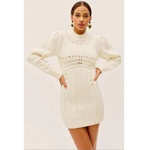 For Love & Lemons Jules Sweater Dress Cream Plus Size 1X NWT Ribbed Knit Fitted